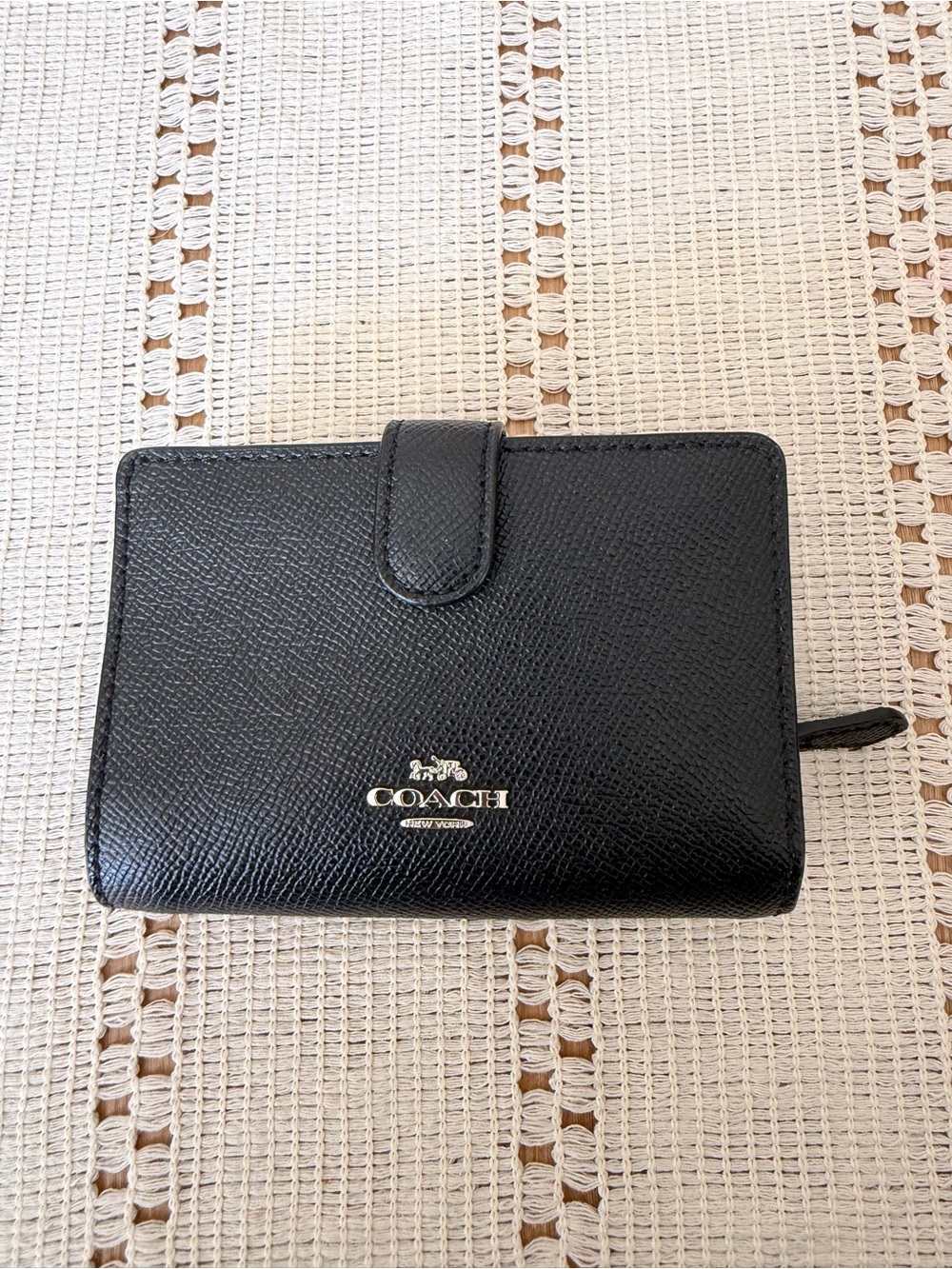 Coach Black Saffiano Leather Snap Wallet with Silver Logo